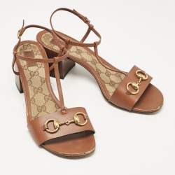 Gucci Brown Leather Horsebit T-Bar Ankle Strap Sandals Size 40