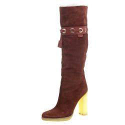 Pre Owned Gucci Maroon Suede Fur Lined Knee High Boots Size 38