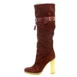 Pre Owned Gucci Maroon Suede Fur Lined Knee High Boots Size 38