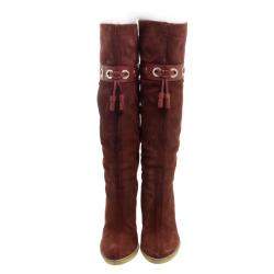 Pre Owned Gucci Maroon Suede Fur Lined Knee High Boots Size 38