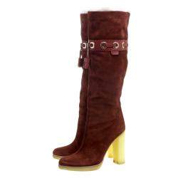 Pre Owned Gucci Maroon Suede Fur Lined Knee High Boots Size 38