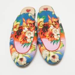 Pre Owned Gucci Multicolor Floral Fabric Princetown Flat Mules Size 39.5