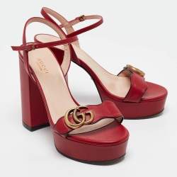 Pre Owned Gucci Red Leather GG Marmont Ankle Strap Sandals Size 36