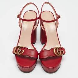 Pre Owned Gucci Red Leather GG Marmont Ankle Strap Sandals Size 36