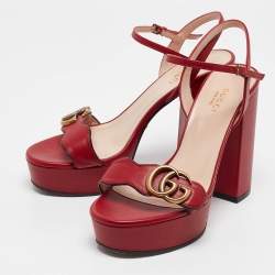 Pre Owned Gucci Red Leather GG Marmont Ankle Strap Sandals Size 36