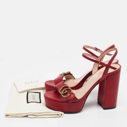 Pre Owned Gucci Red Leather GG Marmont Ankle Strap Sandals Size 36