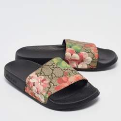 Gucci Pink/Black GG Bloom Supreme Canvas Slide Flats Size 35