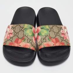 Gucci Pink/Black GG Bloom Supreme Canvas Slide Flats Size 35