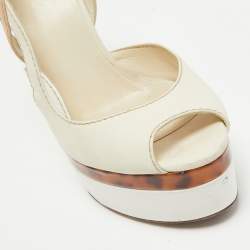 Gucci White/Beige Leather Cut Out Wedge Sandals Size 40.5