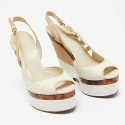 Gucci White/Beige Leather Cut Out Wedge Sandals Size 40.5