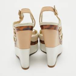 Gucci White/Beige Leather Cut Out Wedge Sandals Size 40.5