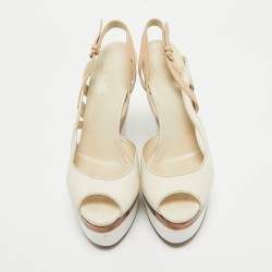 Gucci White/Beige Leather Cut Out Wedge Sandals Size 40.5