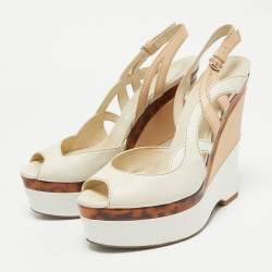 Gucci White/Beige Leather Cut Out Wedge Sandals Size 40.5