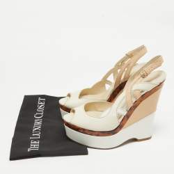 Gucci White/Beige Leather Cut Out Wedge Sandals Size 40.5