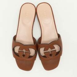 Gucci Brown Leather Interlocking G Flat Slides Size 37.5