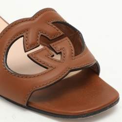 Gucci Brown Leather Interlocking G Flat Slides Size 37.5
