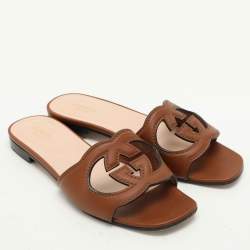 Gucci Brown Leather Interlocking G Flat Slides Size 37.5