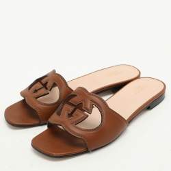 Gucci Brown Leather Interlocking G Flat Slides Size 37.5