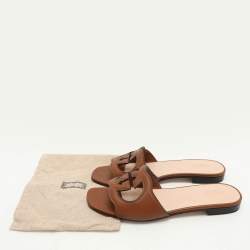 Gucci Brown Leather Interlocking G Flat Slides Size 37.5