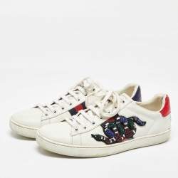 Gucci White Leather Snake Crystal Embellished Ace Low Top Sneakers Size 38.5