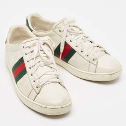 Gucci White/Green Alligator and Leather Ace Lace Up Sneakers Size 37