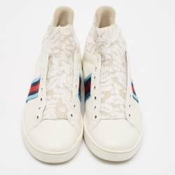 Gucci White Lace and Leather Ace Slip On Sneakers Size 39.5