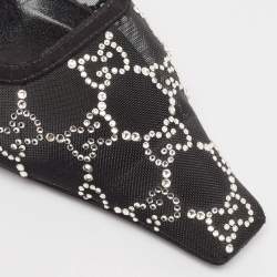 Pre Owned Gucci Black Suede and Mesh Crystal Embellished Slingback Pumps Size 37