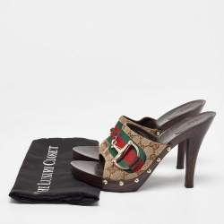 Gucci Beige/Brown GG Canvas and Leather Web Horsebit Wooden Platform Sandals Size 41
