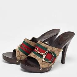 Gucci Beige/Brown GG Canvas and Leather Web Horsebit Wooden Platform Sandals Size 41