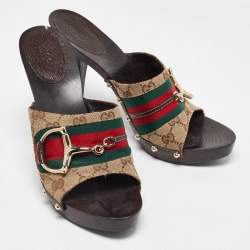 Gucci Beige/Brown GG Canvas and Leather Web Horsebit Wooden Platform Sandals Size 41