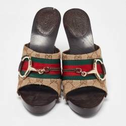 Gucci Beige/Brown GG Canvas and Leather Web Horsebit Wooden Platform Sandals Size 41