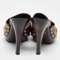 Gucci Beige/Brown GG Canvas and Leather Web Horsebit Wooden Platform Sandals Size 41