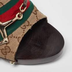 Gucci Beige/Brown GG Canvas and Leather Web Horsebit Wooden Platform Sandals Size 41