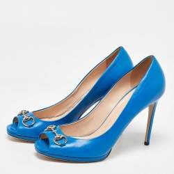 Pre Owned Gucci Blue Leather New Hollywood Peep Toe Pumps Size 40.5