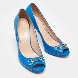 Pre Owned Gucci Blue Leather New Hollywood Peep Toe Pumps Size 40.5