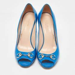 Pre Owned Gucci Blue Leather New Hollywood Peep Toe Pumps Size 40.5