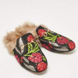 Gucci Black Floral Brocade Fabric and Fur Lined Princetown Flat Mules Size 39