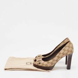 Pre Owned Gucci Beige/Brown GG Canvas Horsebit Peep Toe Platform Pumps Size 39
