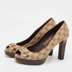 Pre Owned Gucci Beige/Brown GG Canvas Horsebit Peep Toe Platform Pumps Size 39