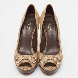 Pre Owned Gucci Beige/Brown GG Canvas Horsebit Peep Toe Platform Pumps Size 39