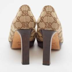 Pre Owned Gucci Beige/Brown GG Canvas Horsebit Peep Toe Platform Pumps Size 39