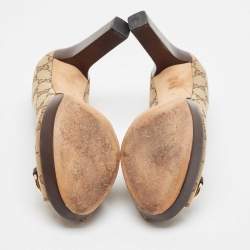 Pre Owned Gucci Beige/Brown GG Canvas Horsebit Peep Toe Platform Pumps Size 39