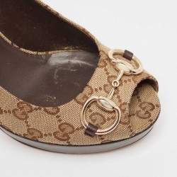 Pre Owned Gucci Beige/Brown GG Canvas Horsebit Peep Toe Platform Pumps Size 39