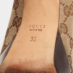 Pre Owned Gucci Beige/Brown GG Canvas Horsebit Peep Toe Platform Pumps Size 39