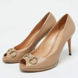 Gucci Beige Leather New Hollywood Horsebit Peep Toe Pumps Size 41