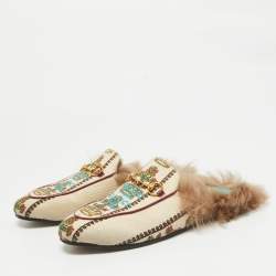 Gucci Beige Canvas Printed Fur Princetown Flat Mules Size 38