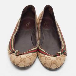 Pre Owned Gucci Beige/Brown GG Canvas Web Mayfair Ballet Flats Size 41