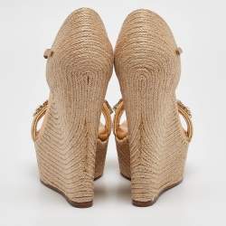 Gucci Gold Leather and Jute Crystal Embellished Espadrille Wedge Sandals Size 39