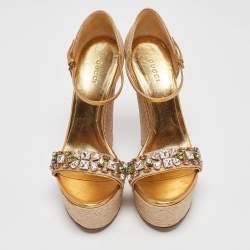 Gucci Gold Leather and Jute Crystal Embellished Espadrille Wedge Sandals Size 39