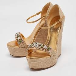 Gucci Gold Leather and Jute Crystal Embellished Espadrille Wedge Sandals Size 39